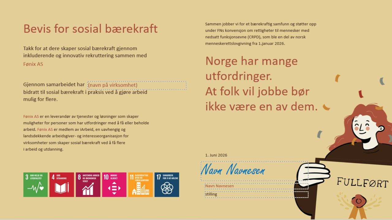 Fønix bevis for sosial bærekraft med FNs bærekraftsmål og illustrasjon av person som holder et fullført-diplom